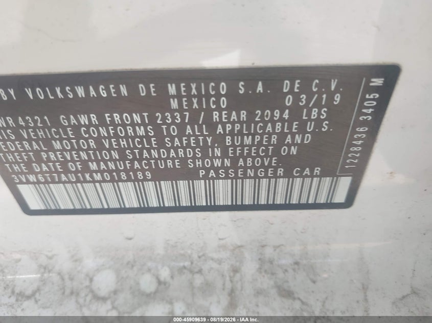 2019 Volkswagen Golf gti VIN 3VW6T7AU1KM018189 IAAI salvage auction — ROLLOVER, Wait Title, sold $2,800 on 2026-09-27 (photo 9)