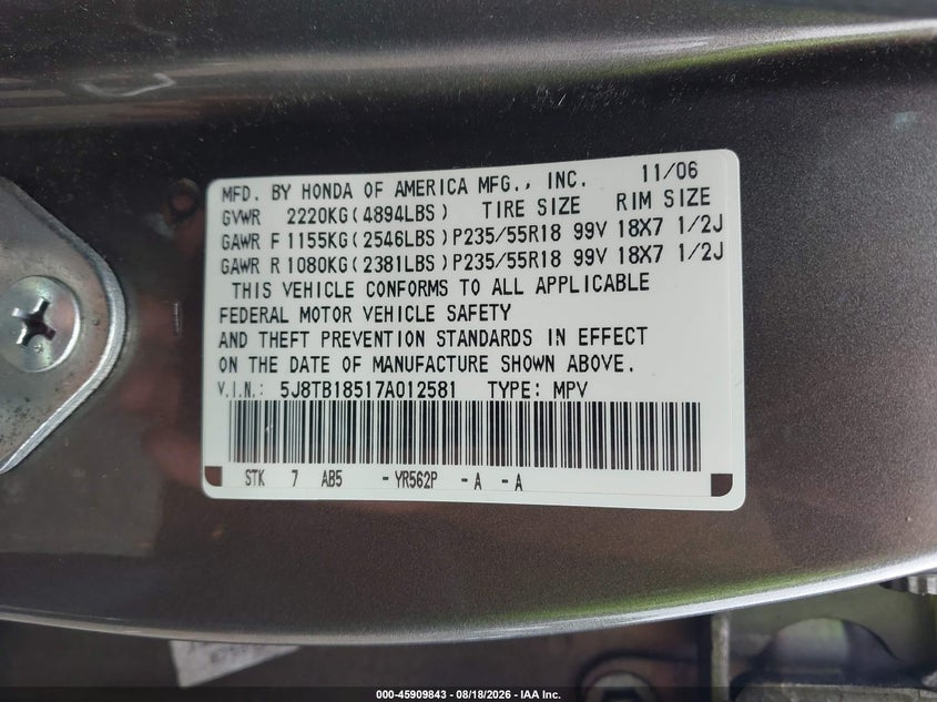 2007 Acura Rdx VIN 5J8TB18517A012581 IAAI salvage auction — FRONT END, Clear, sold $600 on 2026-10-03 (photo 9)