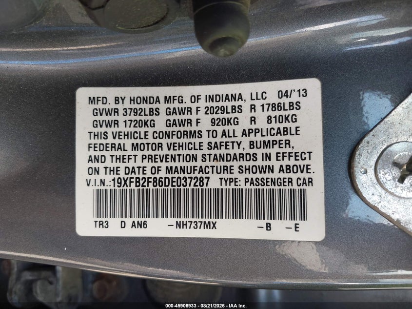 2013 Honda Civic VIN 19XFB2F86DE037287 IAAI salvage auction — NORMAL WEAR, Original (Ohio), sold $525 on 2026-09-01 (photo 9)