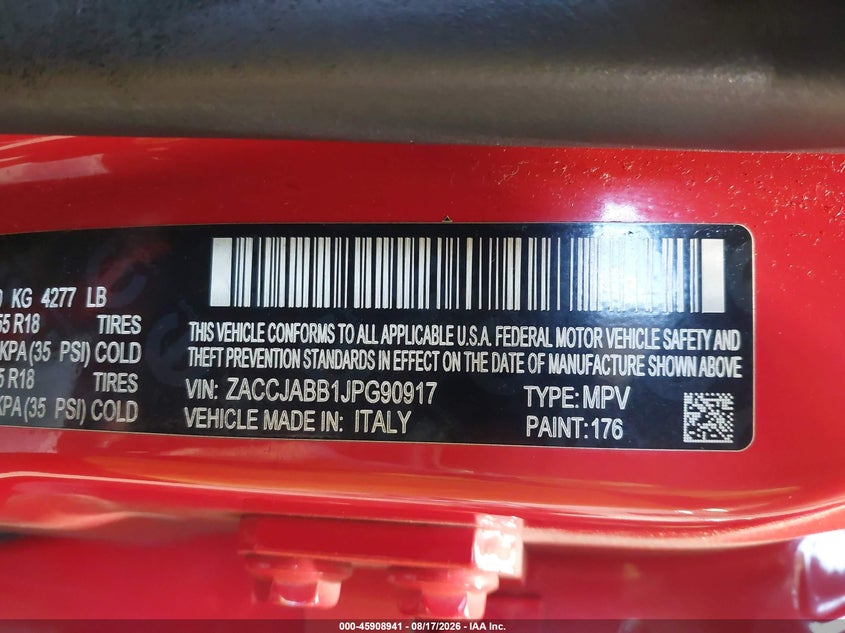 2018 Jeep Renegade VIN ZACCJABB1JPG90917 IAAI salvage auction — REAR END, Clear (North Carolina), sold $1,600 on 2026-08-20 (photo 9)