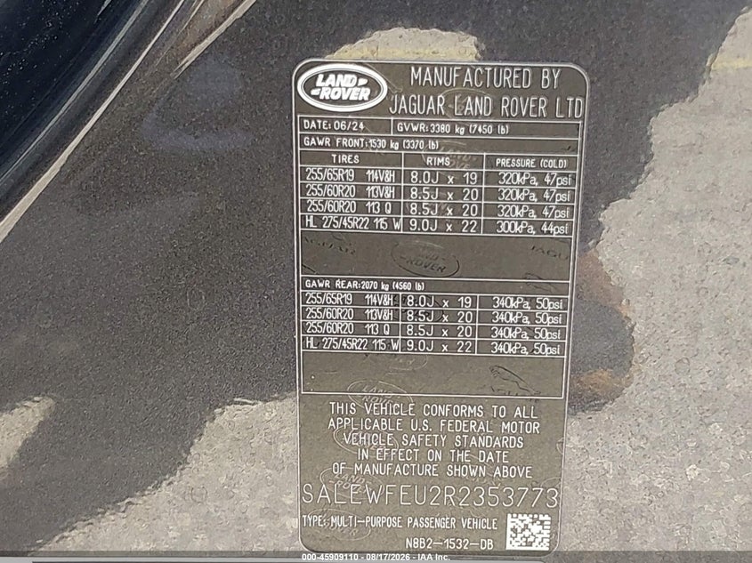 2024 Land rover Defender VIN SALEWFEU2R2353773 IAAI salvage auction — ALL OVER, Salvage Title, sold $20,900 on 2026-09-06 (photo 9)