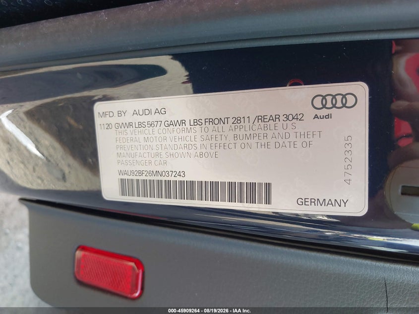 2021 Audi A6 allroad VIN WAU92BF26MN037243 IAAI salvage auction — REAR END, Bill Of Sale (Washington), sold $19,950 on 2026-09-02 (photo 9)