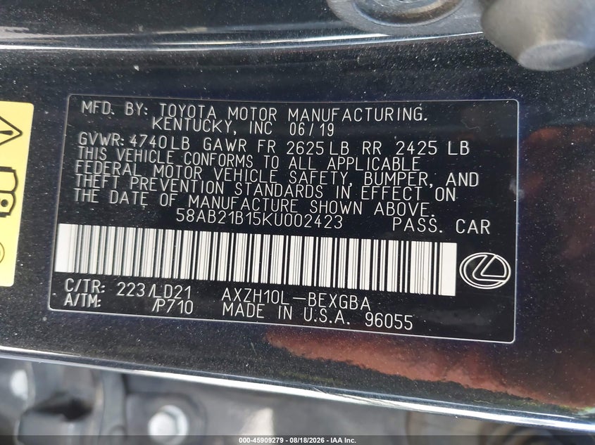 2019 Lexus ES VIN 58AB21B15KU002423 IAAI salvage auction — REAR END, Salvage Title, sold $10,075 on 2026-09-22 (photo 9)
