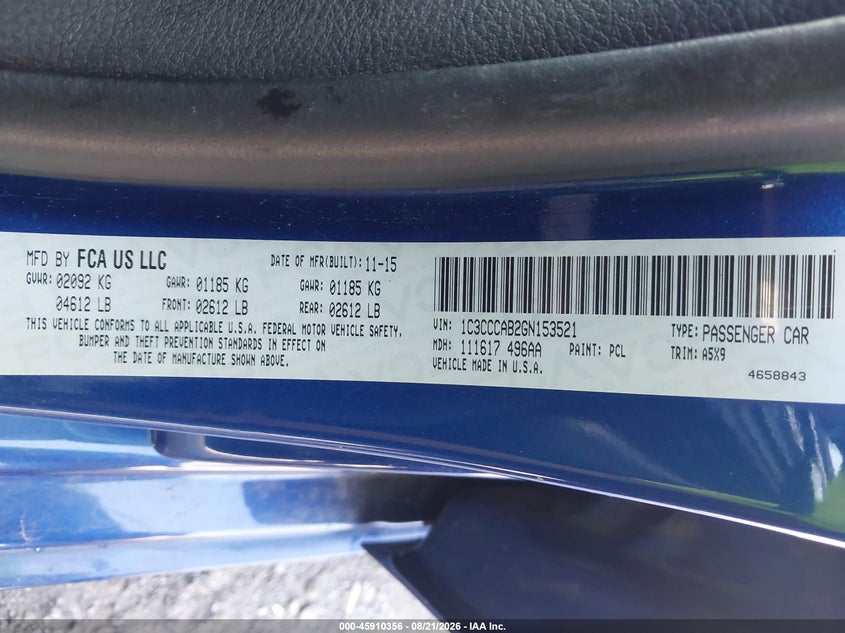 2016 Chrysler 200 VIN 1C3CCCAB2GN153521 IAAI salvage auction — FRONT END, Mv-907A (New York), sold $650 on 2026-09-06 (photo 9)