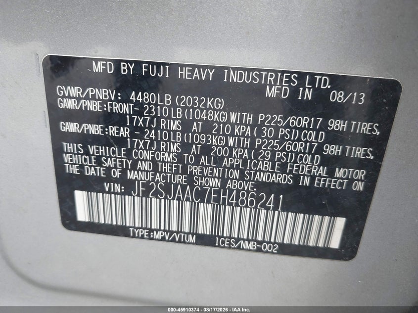 2014 Subaru Forester VIN JF2SJAAC7EH486241 IAAI salvage auction — NORMAL WEAR, Original (Ohio), sold $1,300 on 2026-09-11 (photo 9)
