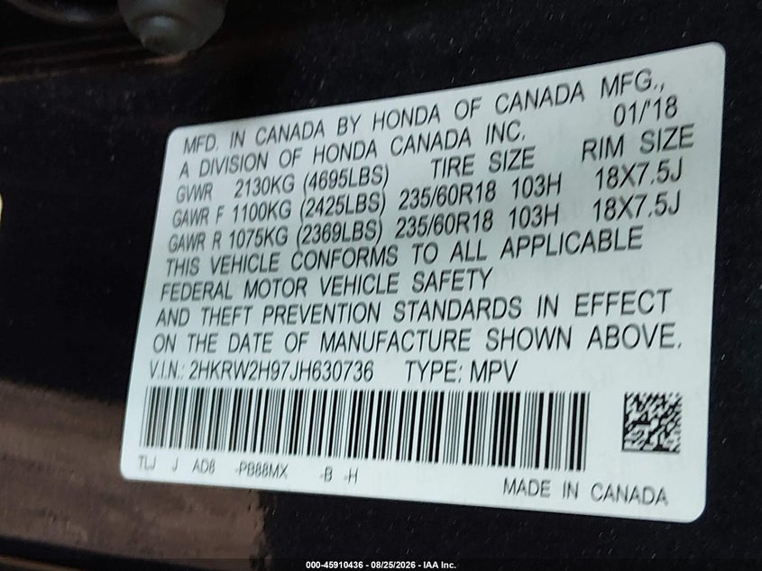 2018 Honda Cr-v VIN 2HKRW2H97JH630736 IAAI salvage auction — FRONT END, Wait Title, sold $5,600 on 2026-09-21 (photo 9)