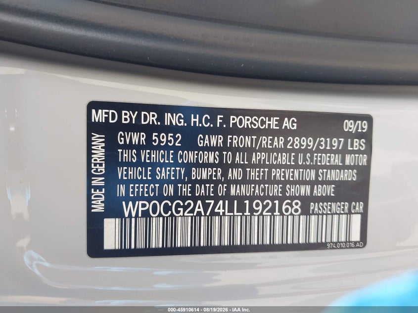 2020 Porsche Panamera VIN WP0CG2A74LL192168 IAAI salvage auction — WATER/FLOOD, Salvage Title, sold $36,175 on 2026-09-21 (photo 9)