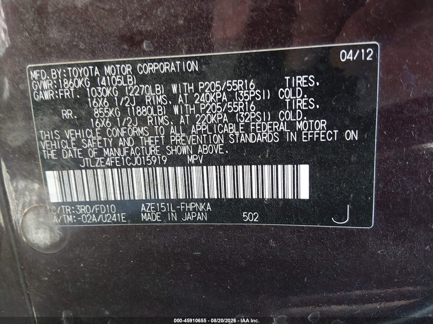 2012 Scion Xb VIN JTLZE4FE1CJ015919 IAAI salvage auction — LEFT FRONT, Bill Of Sale (Washington), sold $1,450 on 2026-09-03 (photo 9)