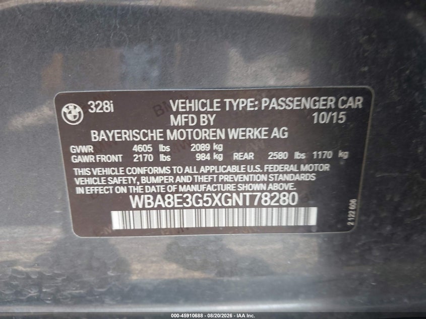 2016 BMW 3er VIN WBA8E3G5XGNT78280 IAAI salvage auction — SIDE, Wait Title, sold $3,500 on 2026-10-10 (photo 9)