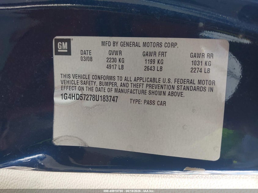 2008 Buick Lucerne VIN 1G4HD57278U183747 IAAI salvage auction — NORMAL WEAR, Clear (Tennessee), sold $975 on 2026-09-13 (photo 9)