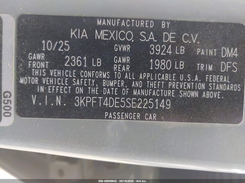 2025 Kia K4 VIN 3KPFT4DE5SE225149 IAAI salvage auction — LEFT REAR, Wait Title, sold $7,850 on 2026-10-08 (photo 9)
