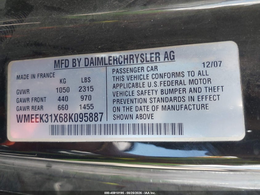 2008 Smart Fortwo VIN WMEEK31X68K095887 IAAI salvage auction — NORMAL WEAR, Clear (Connecticut), sold $1,350 on 2026-09-02 (photo 9)