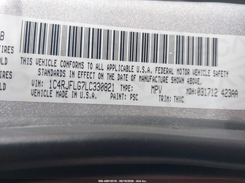 2020 Jeep Grand cherokee VIN 1C4RJFLG7LC330821 IAAI salvage auction — NORMAL WEAR, Clear (Utah), sold $10,300 on 2026-08-23 (photo 9)