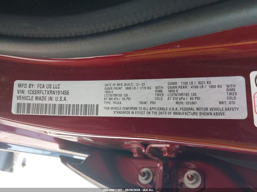2024 Ram 1500 VIN 1C6SRFLTXRN191456 IAAI salvage auction — FRONT & REAR, Salvage Title, sold $13,750 on 2026-09-24 (photo 9)