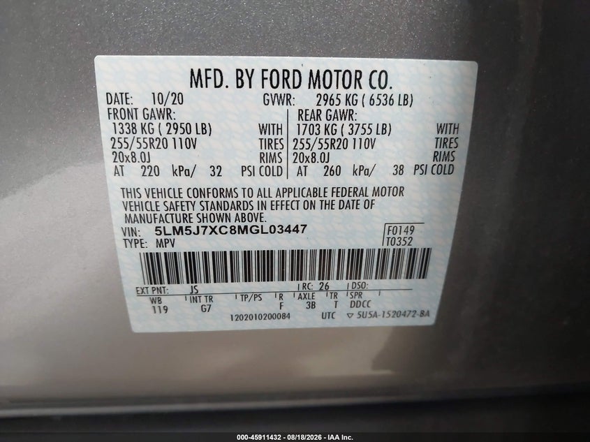 2021 Lincoln Aviator VIN 5LM5J7XC8MGL03447 IAAI salvage auction — RIGHT SIDE, Salvage (North Carolina), sold $7,800 on 2026-09-10 (photo 9)