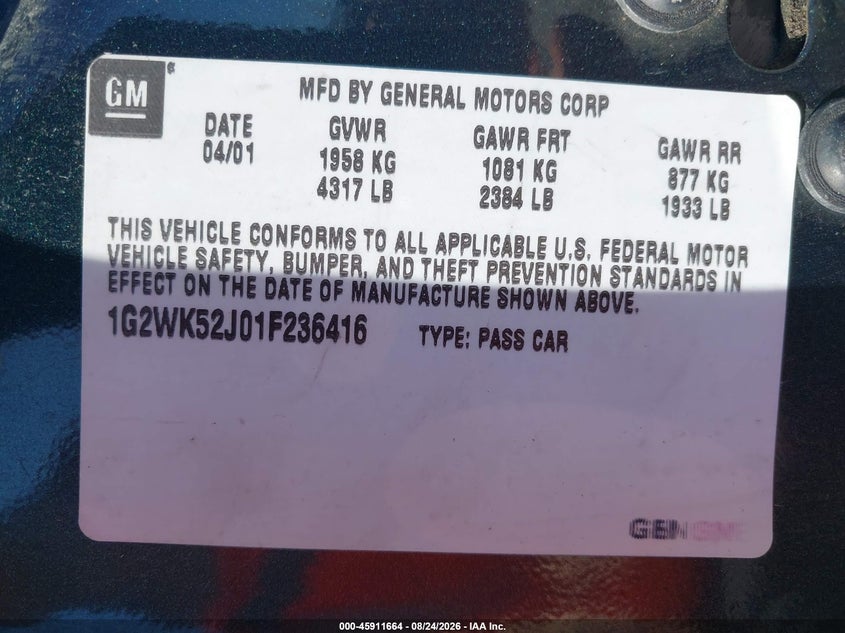 2001 Pontiac Grand prix VIN 1G2WK52J01F236416 IAAI salvage auction — NORMAL WEAR, Clear-Endorsement (Wisconsin), sold $825 on 2026-09-03 (photo 9)