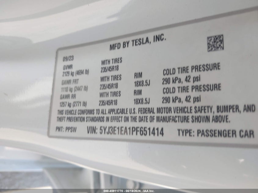 2023 Tesla Model 3 VIN 5YJ3E1EA1PF651414 IAAI salvage auction — FRONT END, Salvage (Texas), sold $7,900 on 2026-08-26 (photo 9)