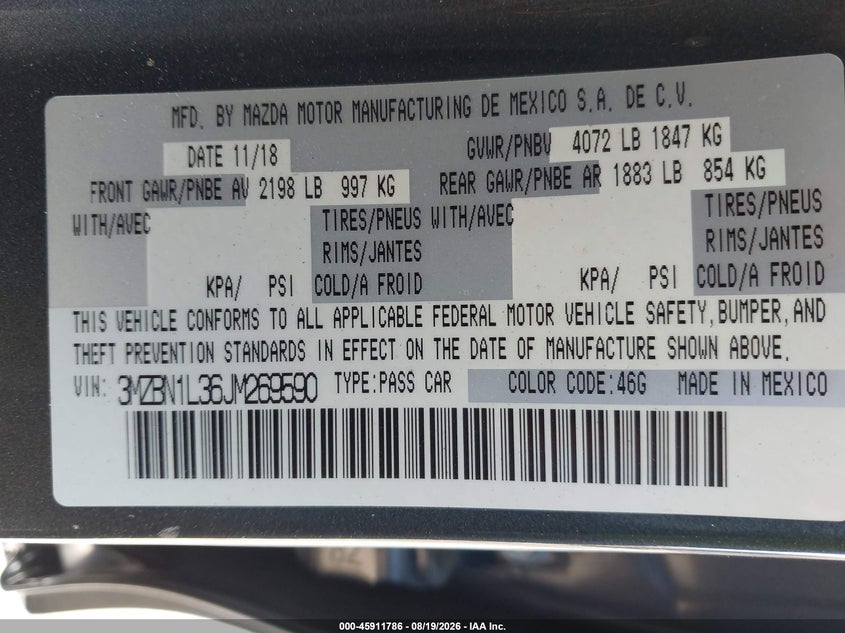 2018 Mazda 3 VIN 3MZBN1L36JM269590 IAAI salvage auction — SIDE, Wait Title, sold $2,700 on 2026-08-29 (photo 9)