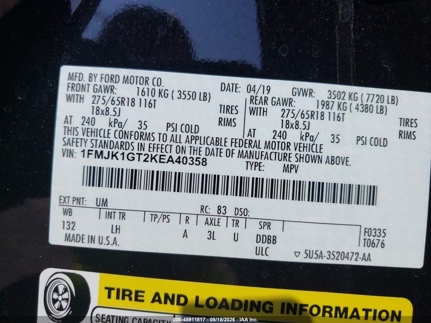 2019 Ford Expedition VIN 1FMJK1GT2KEA40358 IAAI salvage auction — NORMAL WEAR, Sf97 (Washington), sold $15,000 on 2026-09-10 (photo 9)