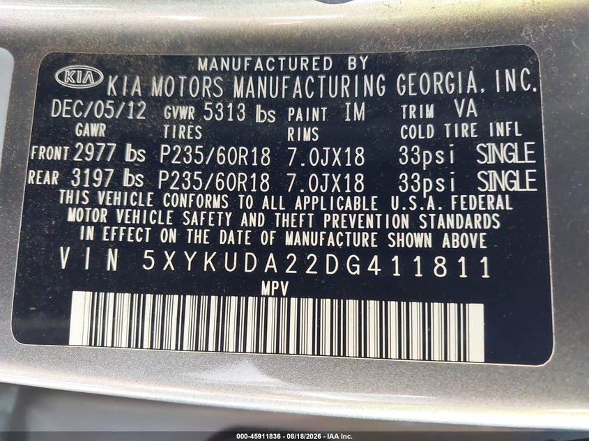 2013 Kia Sorento VIN 5XYKUDA22DG411811 IAAI salvage auction — NORMAL WEAR, Clear - Public Restricted (Oregon), sold $925 on 2026-08-21 (photo 9)