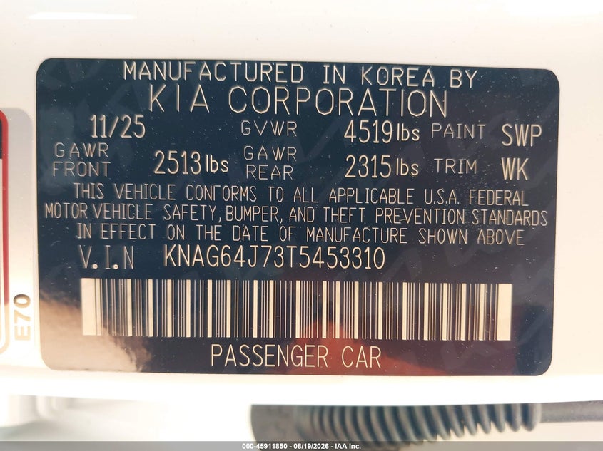 2026 Kia K5 VIN KNAG64J73T5453310 IAAI salvage auction — FRONT & REAR, Wait Title, sold $11,100 on 2026-10-16 (photo 9)