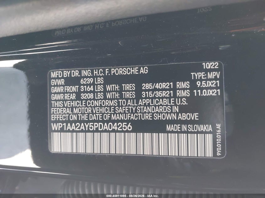 2023 Porsche Cayenne VIN WP1AA2AY5PDA04256 IAAI salvage auction — FRONT END, Wait Title, sold $25,800 on 2026-09-16 (photo 9)