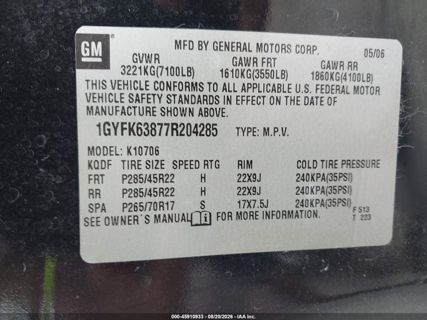 2007 Cadillac Escalade VIN 1GYFK63877R204285 IAAI salvage auction — FRONT END, Salvage (North Carolina), sold $3,050 on 2026-09-02 (photo 9)