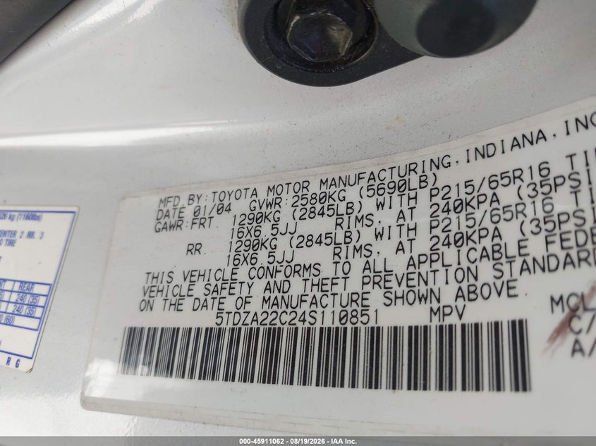 2004 Toyota Sienna VIN 5TDZA22C24S110851 IAAI salvage auction — NORMAL WEAR, Original (Texas), sold $1,275 on 2026-09-03 (photo 9)