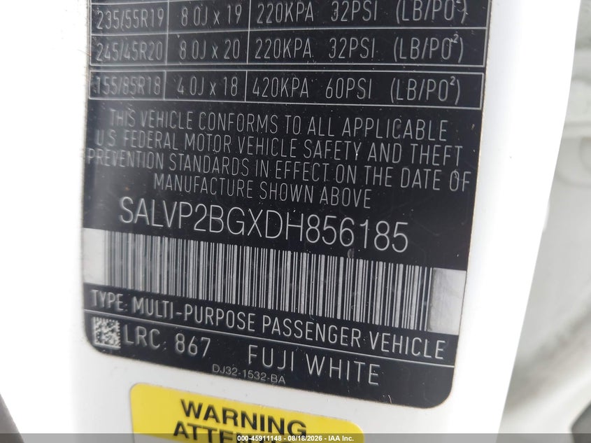 2013 Land rover Range rover evoque VIN SALVP2BGXDH856185 IAAI salvage auction — NORMAL WEAR, Clear-Dealer Only (North Carolina), sold $1,925 on 2026-08-29 (photo 9)