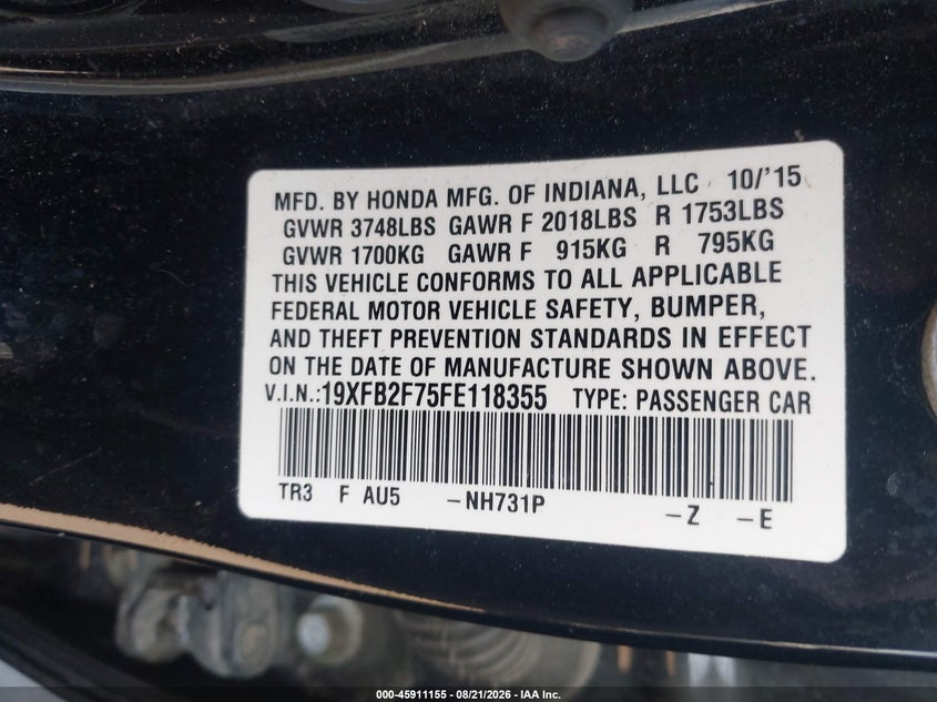 2015 Honda Civic VIN 19XFB2F75FE118355 IAAI salvage auction — FRONT END, Wait Title, sold $900 on 2026-09-30 (photo 9)