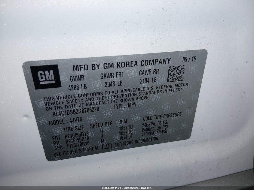 2016 Buick Encore VIN KL4CJDSB2GB706220 IAAI salvage auction — SIDE, Salvage (Arizona), sold $1,750 on 2026-09-01 (photo 9)