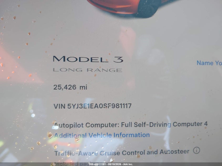 2025 Tesla Model 3 VIN 5YJ3E1EA0SF981117 IAAI salvage auction — FRONT END, Rebuildable (Florida), sold $2,050 on 2026-09-23 (photo 7)