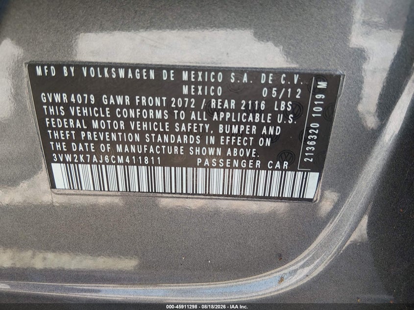 2012 Volkswagen Jetta VIN 3VW2K7AJ6CM411811 IAAI salvage auction — NORMAL WEAR, Clear (Florida), sold $550 on 2026-09-07 (photo 9)