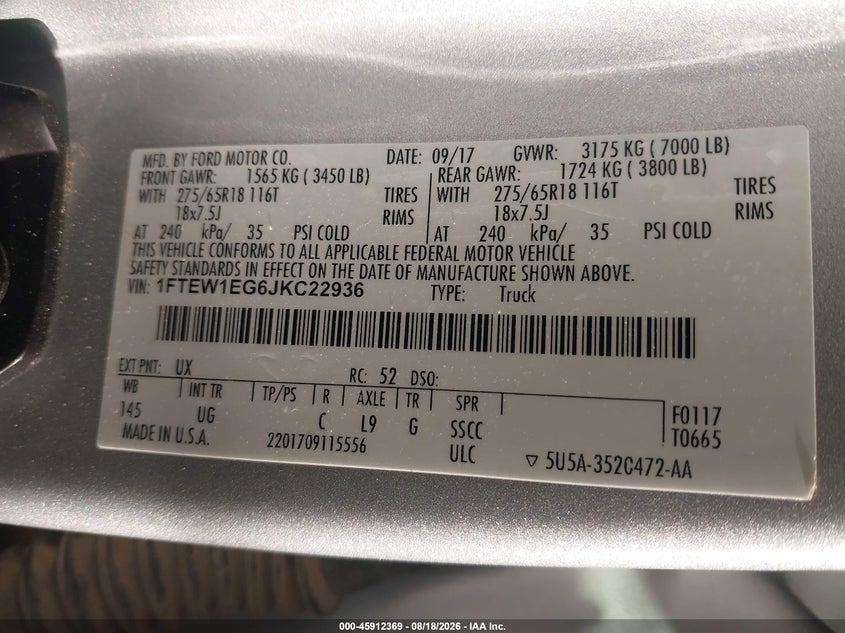 2018 Ford F-150 VIN 1FTEW1EG6JKC22936 IAAI salvage auction — LEFT & RIGHT, Original (Texas), sold $4,850 on 2026-09-10 (photo 9)