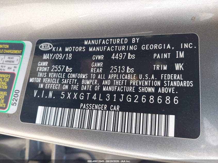 2018 Kia Optima VIN 5XXGT4L31JG268686 IAAI salvage auction — NORMAL WEAR, Wait Title, sold $1,300 on 2026-09-02 (photo 9)