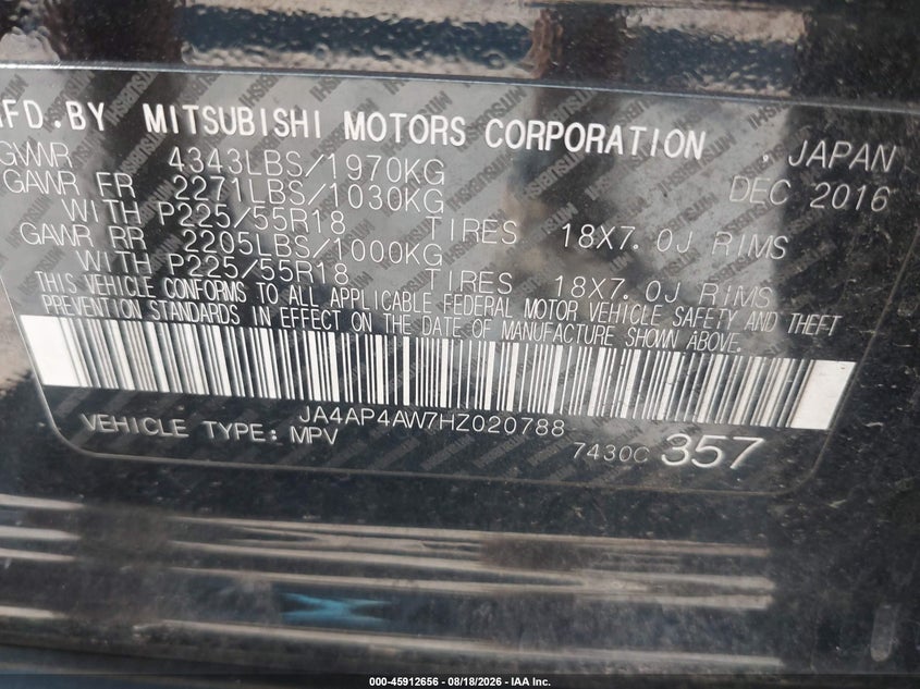 2017 Mitsubishi Outlander VIN JA4AP4AW7HZ020788 IAAI salvage auction — NORMAL WEAR, Clear (Indiana), sold $2,400 on 2026-09-05 (photo 9)