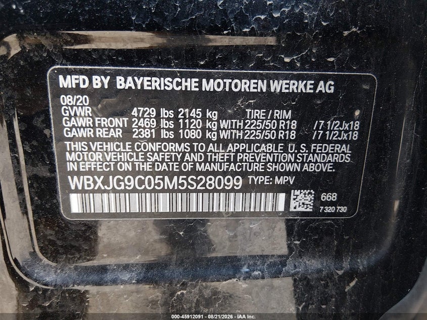 2021 BMW X1 VIN WBXJG9C05M5S28099 IAAI salvage auction — LEFT FRONT, Salvage (Maine), sold $7,000 on 2026-10-05 (photo 9)