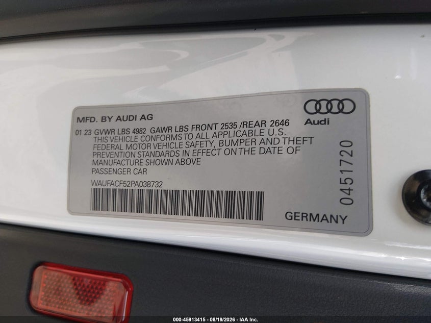 2023 Audi A5 VIN WAUFACF52PA038732 IAAI salvage auction — SIDE, Wait Title, sold $4,250 on 2026-10-20 (photo 9)