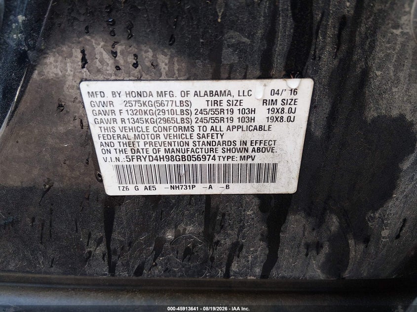 2016 Acura Mdx VIN 5FRYD4H98GB056974 IAAI salvage auction — FRONT END, Wait Title, sold $1,500 on 2026-09-29 (photo 9)