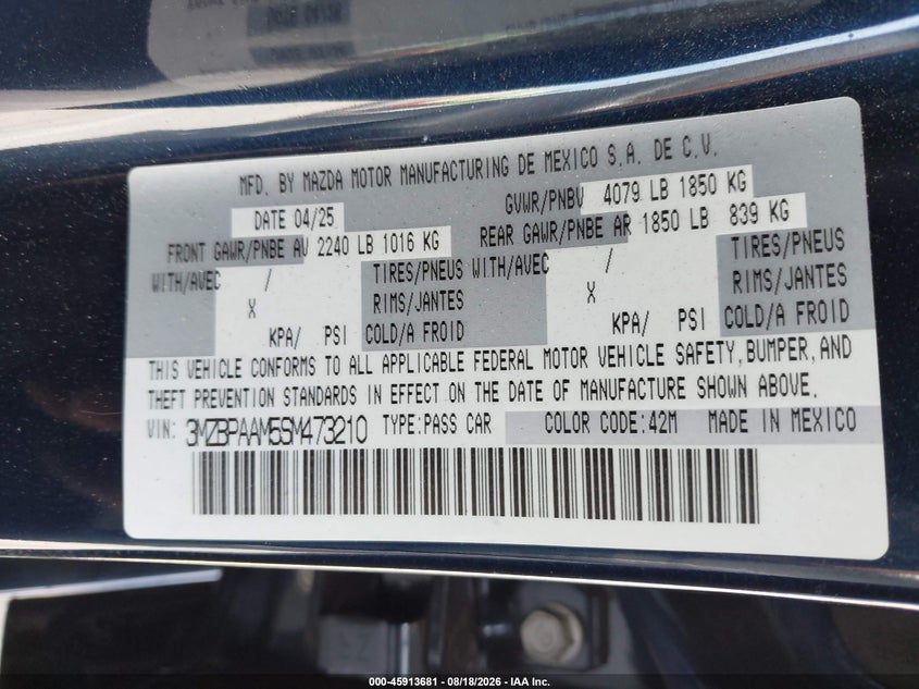 2025 Mazda 3 VIN 3MZBPAAM5SM473210 IAAI salvage auction — SIDE, Wait Title, sold $3,900 on 2026-09-23 (photo 9)