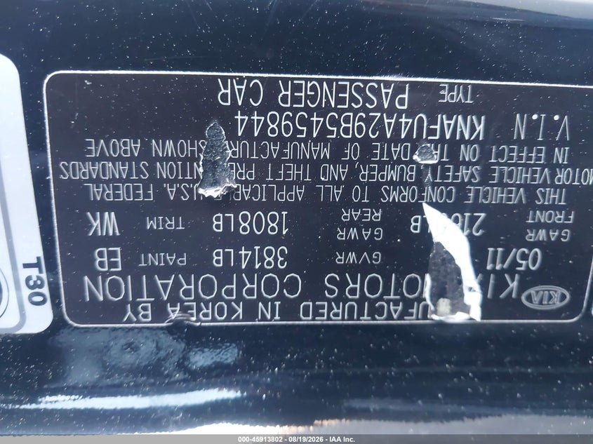 2011 Kia Forte VIN KNAFU4A29B5459844 IAAI salvage auction — RIGHT SIDE, Salvage (Utah), sold $500 on 2026-09-11 (photo 9)