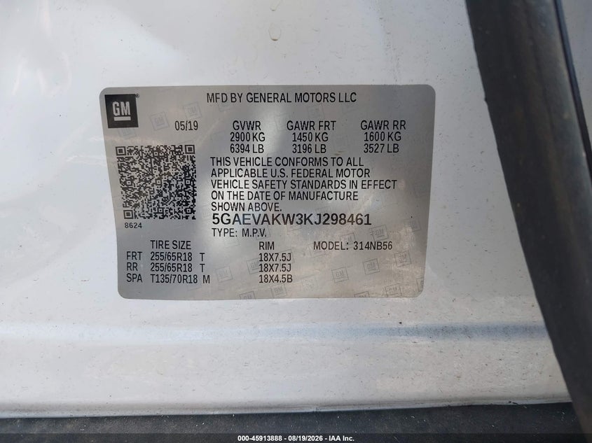 2019 Buick Enclave VIN 5GAEVAKW3KJ298461 IAAI salvage auction — ALL OVER, Wait Title, sold $3,750 on 2026-09-29 (photo 9)