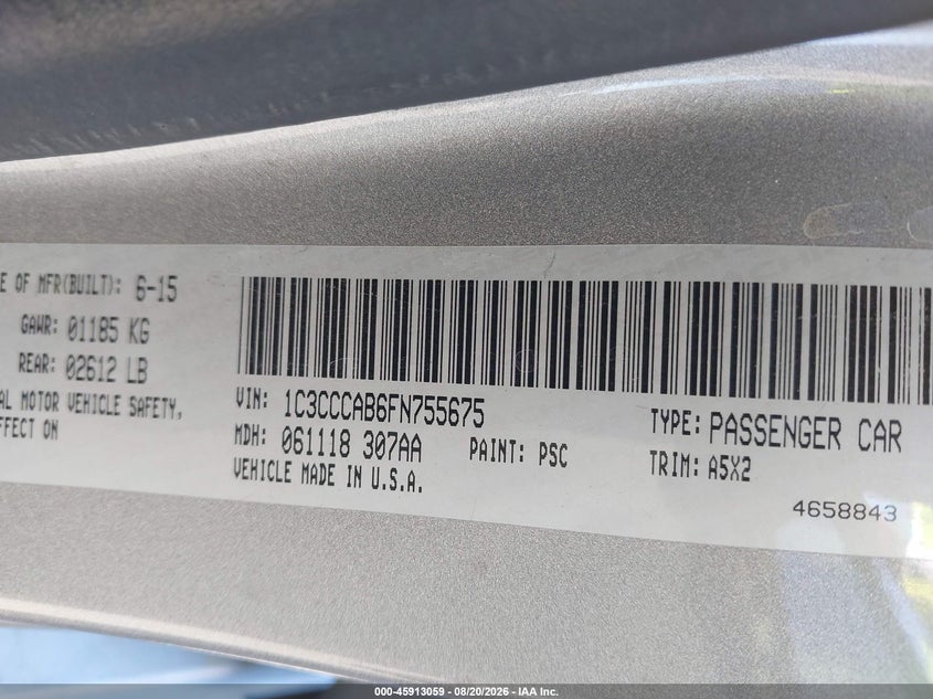2015 Chrysler 200 VIN 1C3CCCAB6FN755675 IAAI salvage auction — LEFT REAR, Wait Title, sold $1,500 on 2026-09-11 (photo 9)