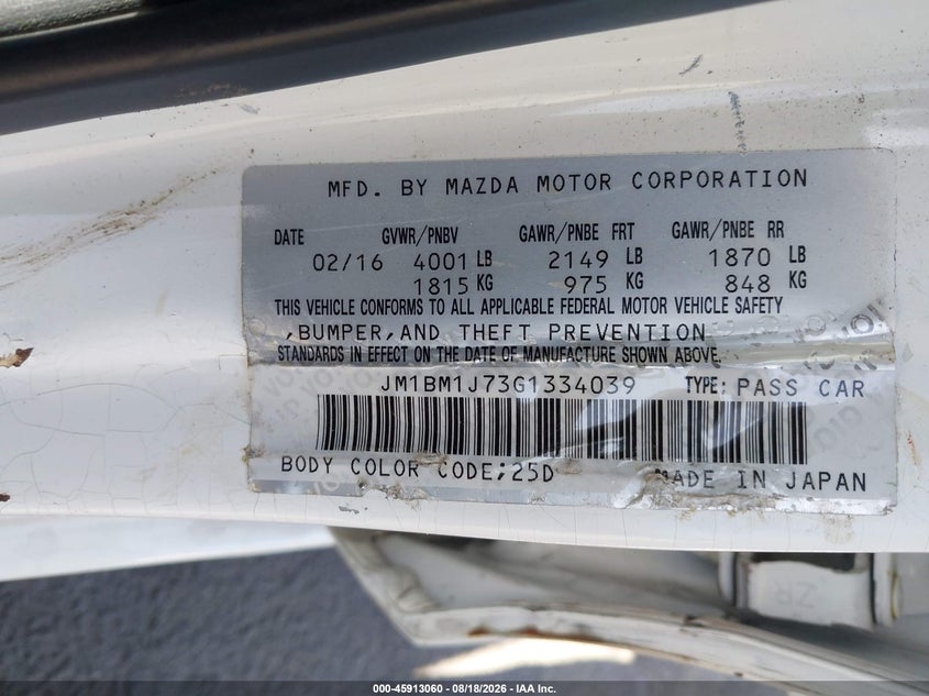 2016 Mazda 3 VIN JM1BM1J73G1334039 IAAI salvage auction — FRONT END, Wait Title, sold $1,875 on 2026-09-03 (photo 9)