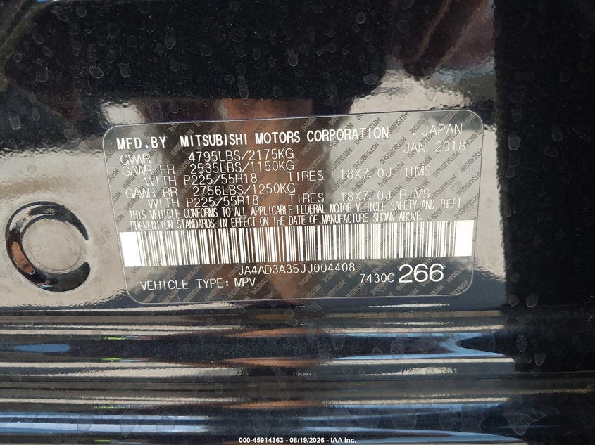 2018 Mitsubishi Outlander VIN JA4AD3A35JJ004408 IAAI salvage auction — FRONT END, Wait Title, sold $1,650 on 2026-09-15 (photo 9)