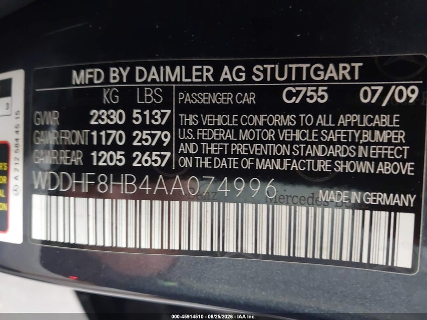 2010 Mercedes-benz E-class VIN WDDHF8HB4AA074996 IAAI salvage auction — LEFT FRONT, Rebuildable (Florida), sold $25 on 2026-09-10 (photo 9)