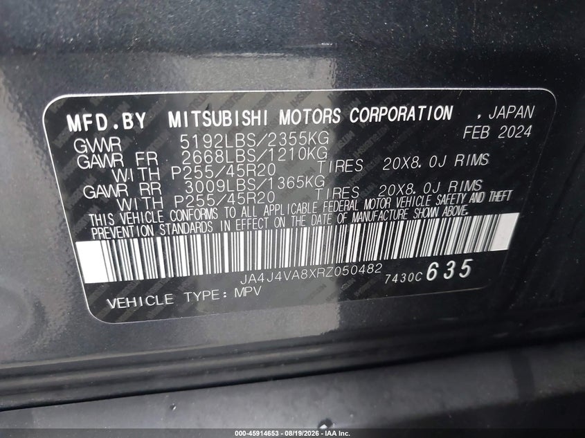 2024 Mitsubishi Outlander VIN JA4J4VA8XRZ050482 IAAI salvage auction — FRONT END, Salvage Title, sold $8,100 on 2026-09-05 (photo 9)