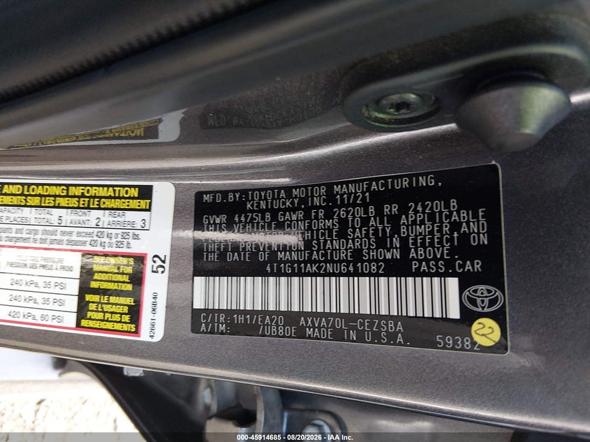 2022 Toyota Camry VIN 4T1G11AK2NU641082 IAAI salvage auction — FRONT & REAR, Salvage Certificate (California), sold $6,200 on 2026-08-24 (photo 9)