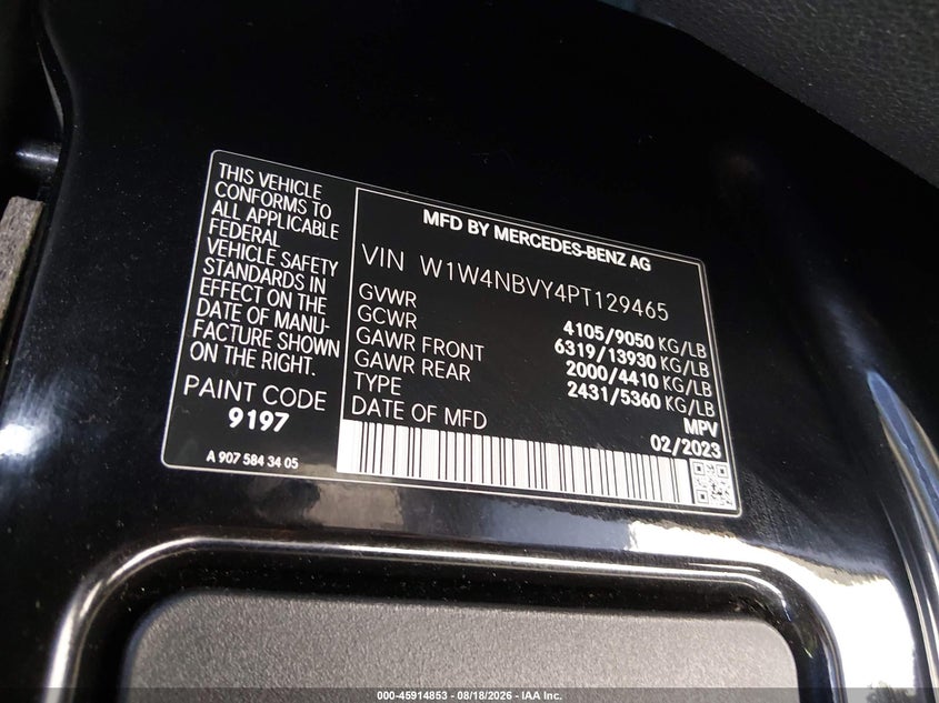 2023 Mercedes-Benz Sprinter VIN W1W4NBVY4PT129465 IAAI salvage auction — Rear End, Salvage (California), sold $26,250 on 2026-09-25 (photo 9)