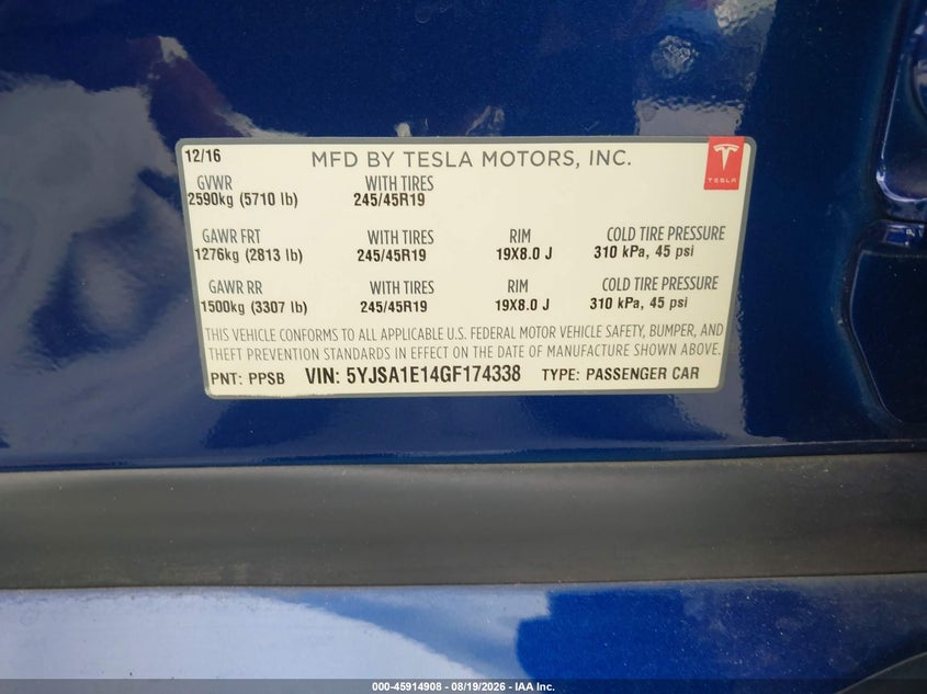 2016 Tesla Model s VIN 5YJSA1E14GF174338 IAAI salvage auction — RIGHT REAR, Salvage (California), sold $5,450 on 2026-09-08 (photo 9)